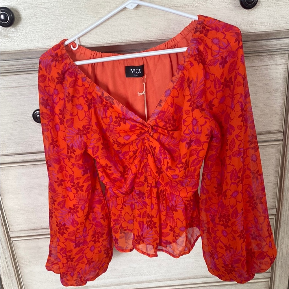 Vici Red and Pink Ruched Puff Sleeve Blouse